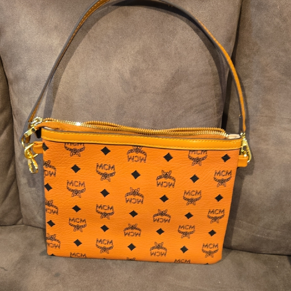 MCM Orange Logo Leather Shoulder Bag with Gold Hardware